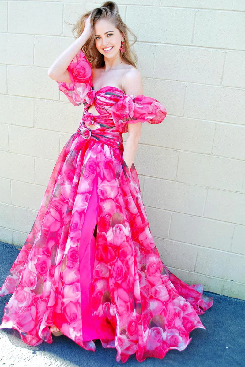 A-line Pretty Strapless Floral Printed Long Prom Dress with Pockets